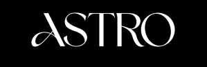 Logo du mot 'ASTRO' avec une typographie élégante sur fond noir.